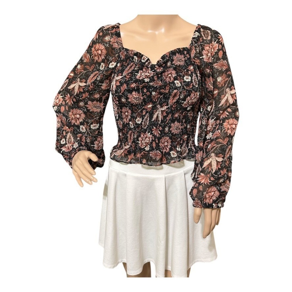 Madewell Lucie Smocked Top Blouse Size M Black Floral Cropped Boho Dark Romantic
